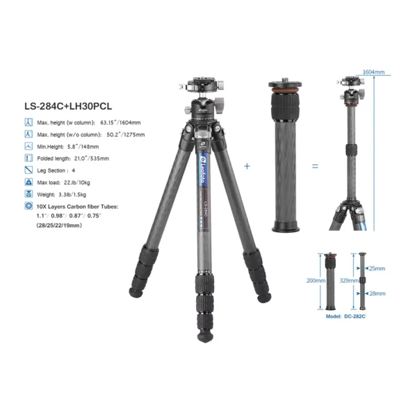 Leofoto LS-284C PRO Ranger Series 4 Section Carbon Fibre w/p Tripod with LH-30PCL - Image 5